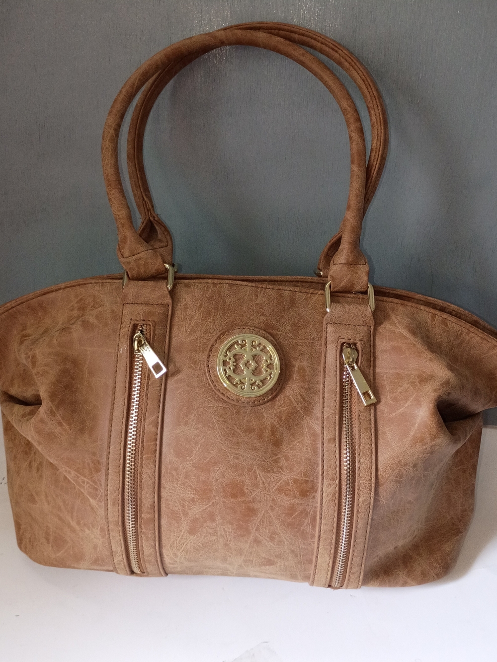 Vintage Women's Brown Shoulder Tote with Dual Zip Accents